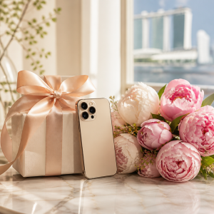 A premium smartphone next to a Mother's Day gift box wrapped with satin ribbon and a bouquet of pink peonies, on a marble surface with Singapore skyline backdrop